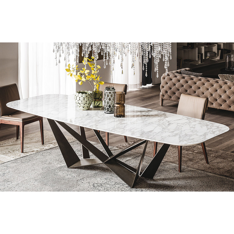 Modern Rectangular MarbleTop And Metal Leg Dining Table Set